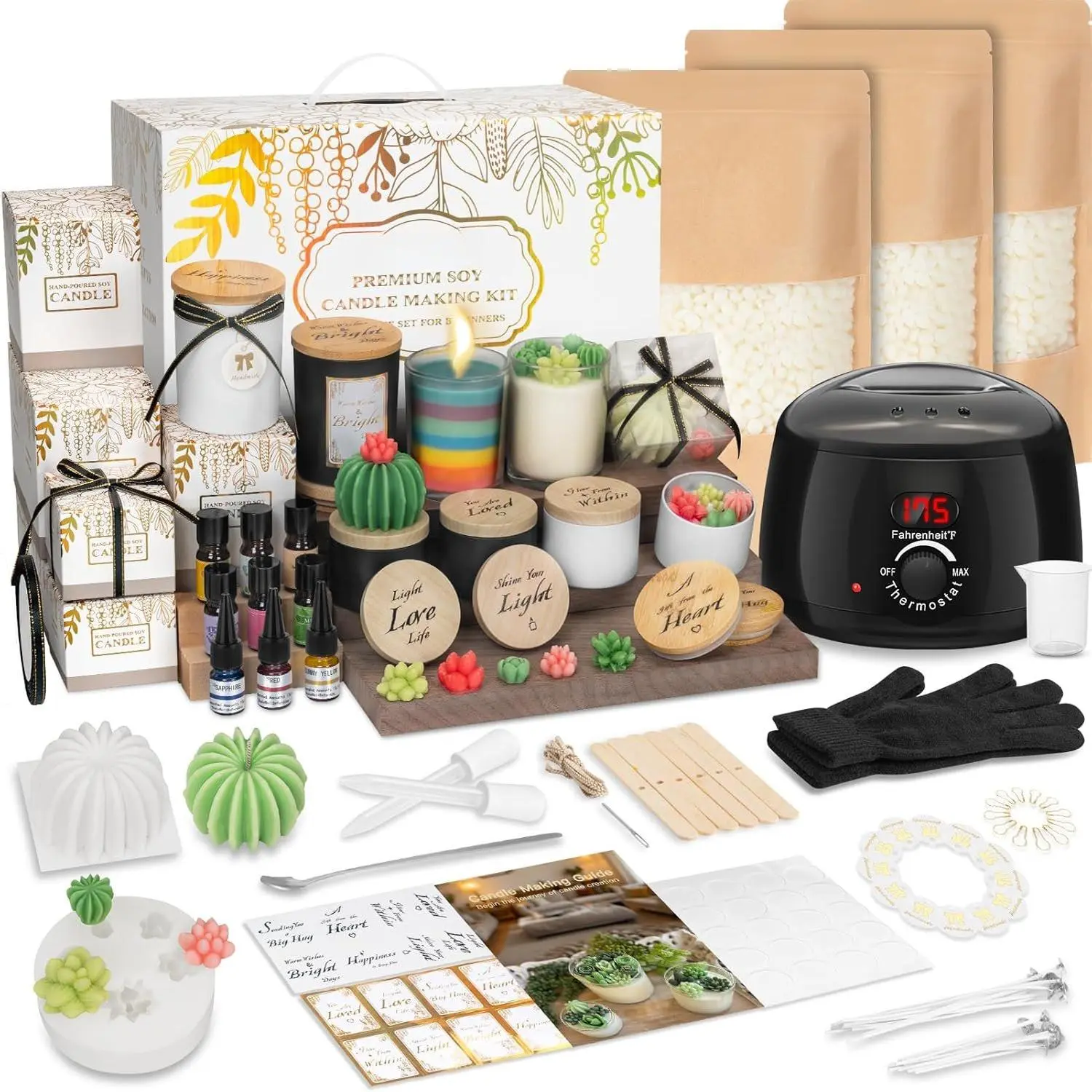 Candle Making Kit for Adults & Beginners - -in-One DIY Candle Supplies with 1200g  Soy Wax, Hot Plate, 2 Succulent Molds, 8 Jars &  Boxes|  for  Crafts & Gifting