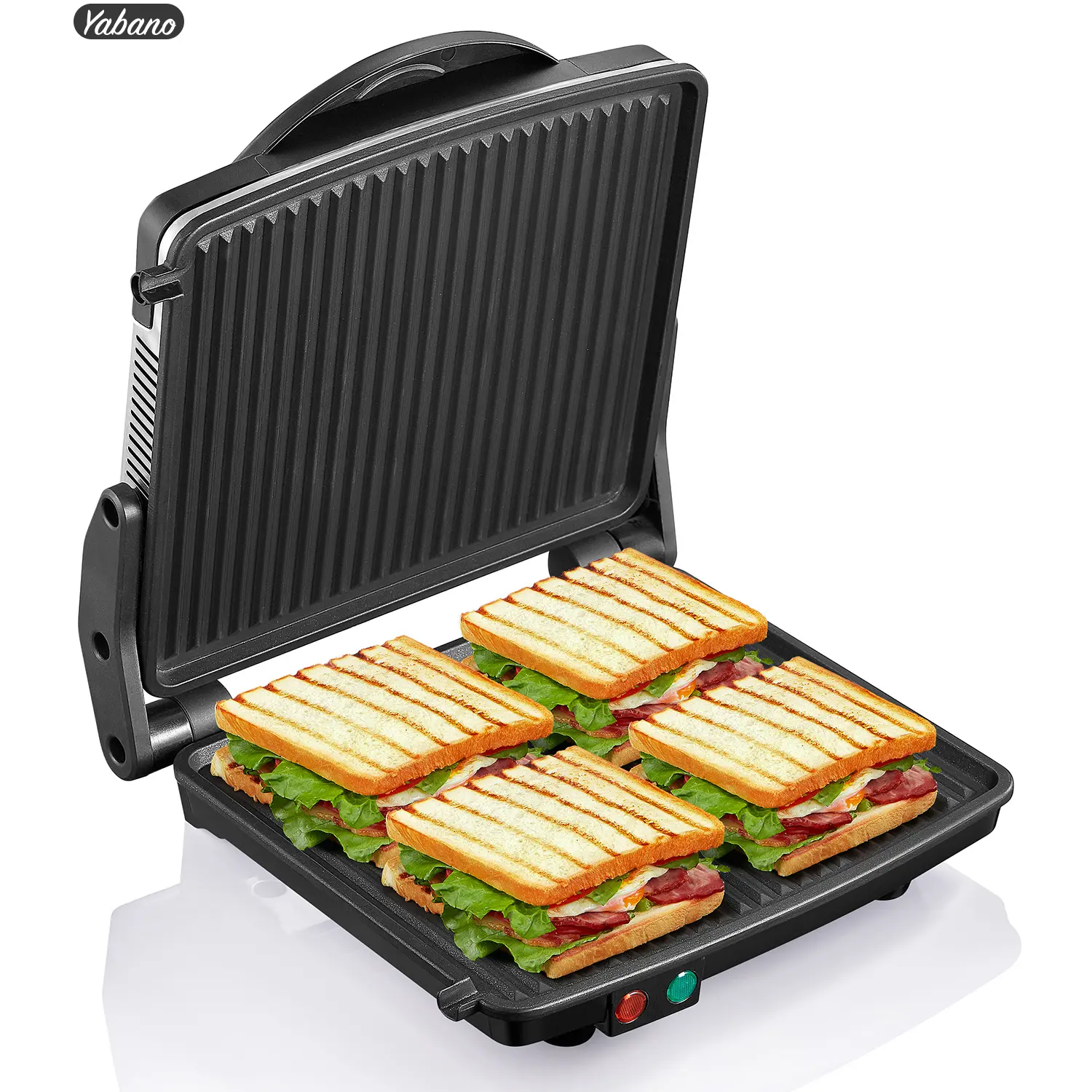 Shaq Branded 4-Slice Panini Press Grill - Yabano Electric Nonstick Grill with 11"x9.8" Coated Plates, 180-Degree Open Design, Stainless Steel Surface, Removable Drip Tray, Sandwich Toaster