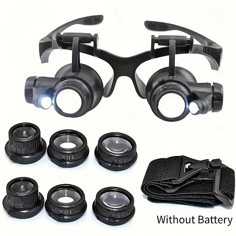 Head Mount Magnifying Glass with LED Light, Portable Magnifying Glass, 1 Set Jewelers Loupe Magnifier with 6 Interchangeable Lens, Desk Organisers & Accessories, Adjustable Dividers, Work Accessories