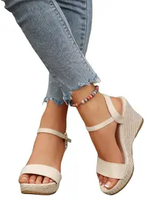 Women's Fashion Wedge Sandals, Open Toe, Thick Sole, One Strap Buckle, PU Leather Upper, Elegant Style, Less Than Ankle Height