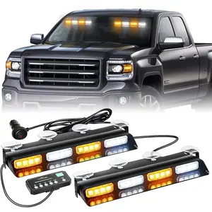 Emergency Dash Strobe Lights Safety Flashing Warning Hazard Interior Front/Rear Windshield Deck Split Light Bar w/Suction Cups for Construction Vehicles Trucks (2x14 inch, Amber White)