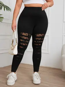 Plus Size Lace Patchwork Sheer Leggings, Casual High Waist Skinny Pants for Daily Wear, Women's Bottoms for Fall
