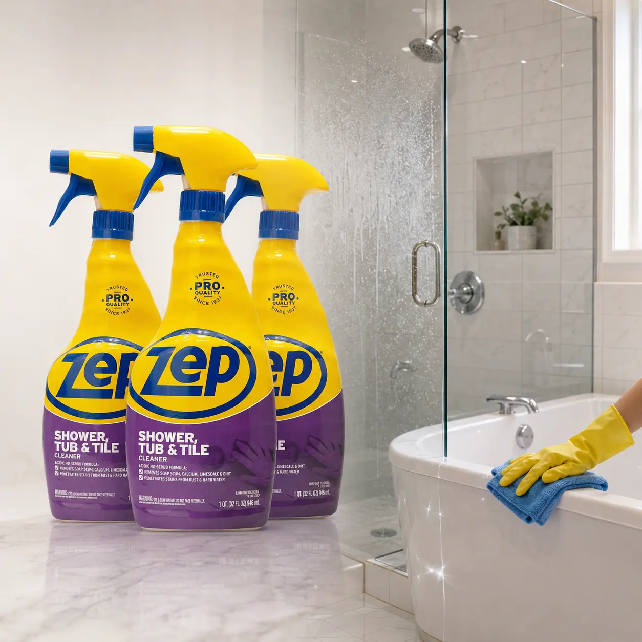 ZEP 32 oz Shower Tub and Tile Cleaner, pro bathroom descaler spray, removes soap scum, mineral deposits, hard water buildup, shower walls, tub surrounds, ceramic tile, glass doors, chrome fixtures, porcelain sinks, fiberglass tubs, no-scrub, fresh scent s