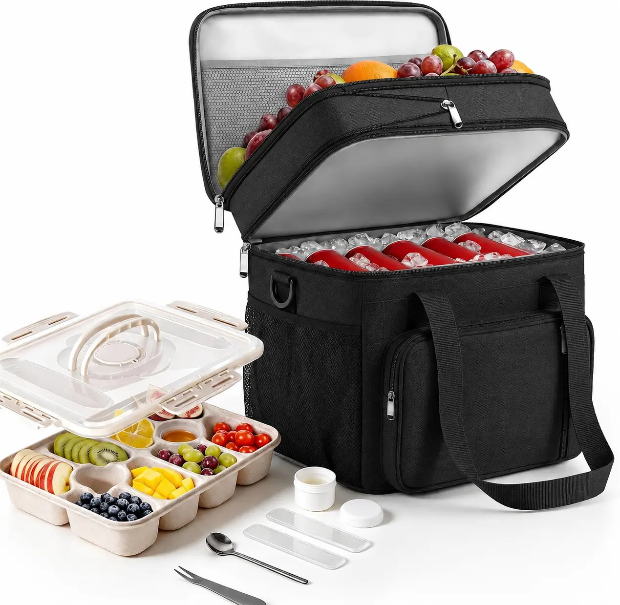 Soft Cooler Bag - Leakproof & Portable 36-Can Double Deck Cooler with Snackle Box Container, Large Expandable Insulated Lunch Bag for Work, Travel, Picnic, Camping, Shopping (Black, 26L)