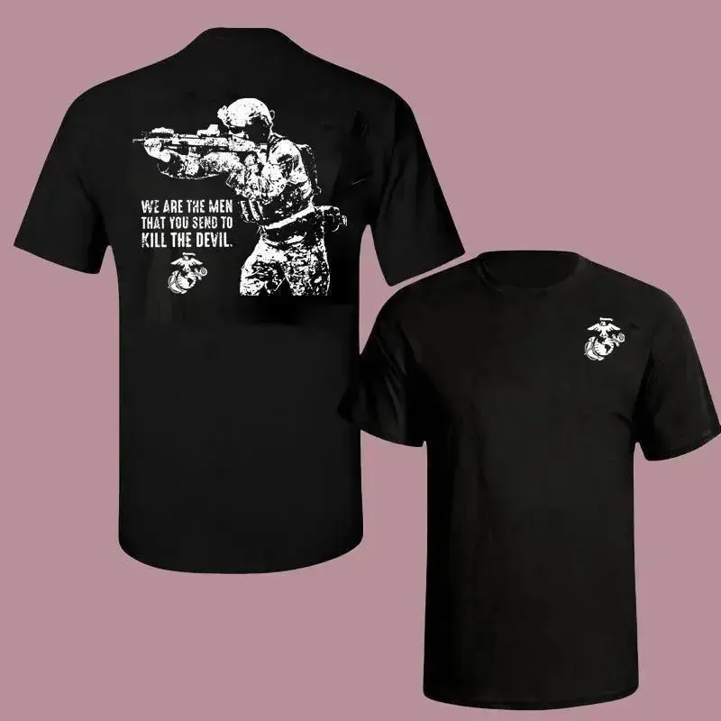 Unisex U.S. Marine Corps Thick Cotton-Polyester Blend Streetwear Tee, 2-Sided Bold Soldier-Rifle Print, Kill the Devil Quote, Tactical Military Pride, Relaxed Round Neck, Customized Short-Sleeve Loose Fit (px01)