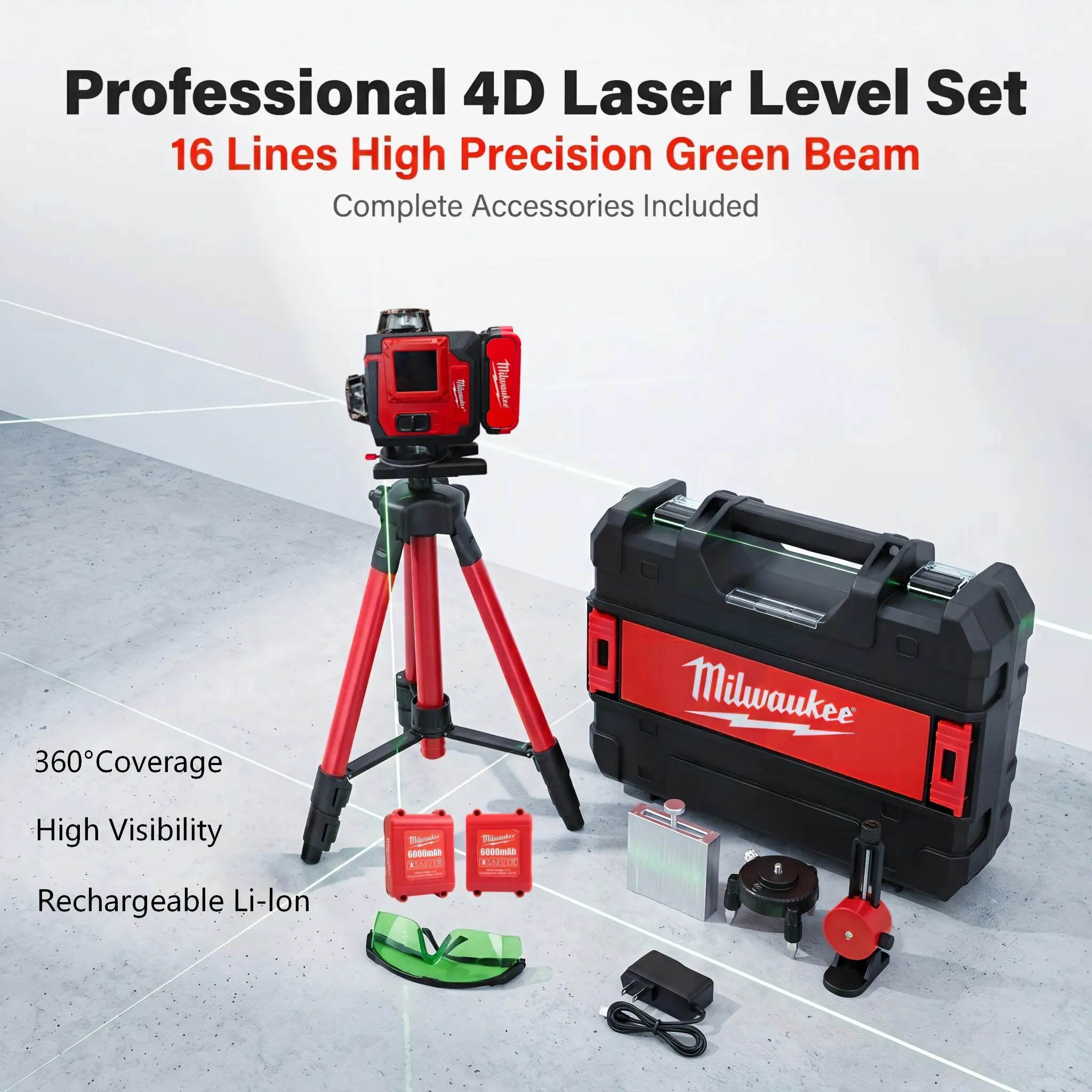 Milwaukee 4D 16 Line Green Laser Level Complete Kit With High Bright,Multi-plane 360° Laser，elf-leveling， Dust，Splash Resistance, Equipped With Remote ControlFull Set Brackets, Survey For Interior Decoration, Ceiling Installation，Construction Layout Jobs