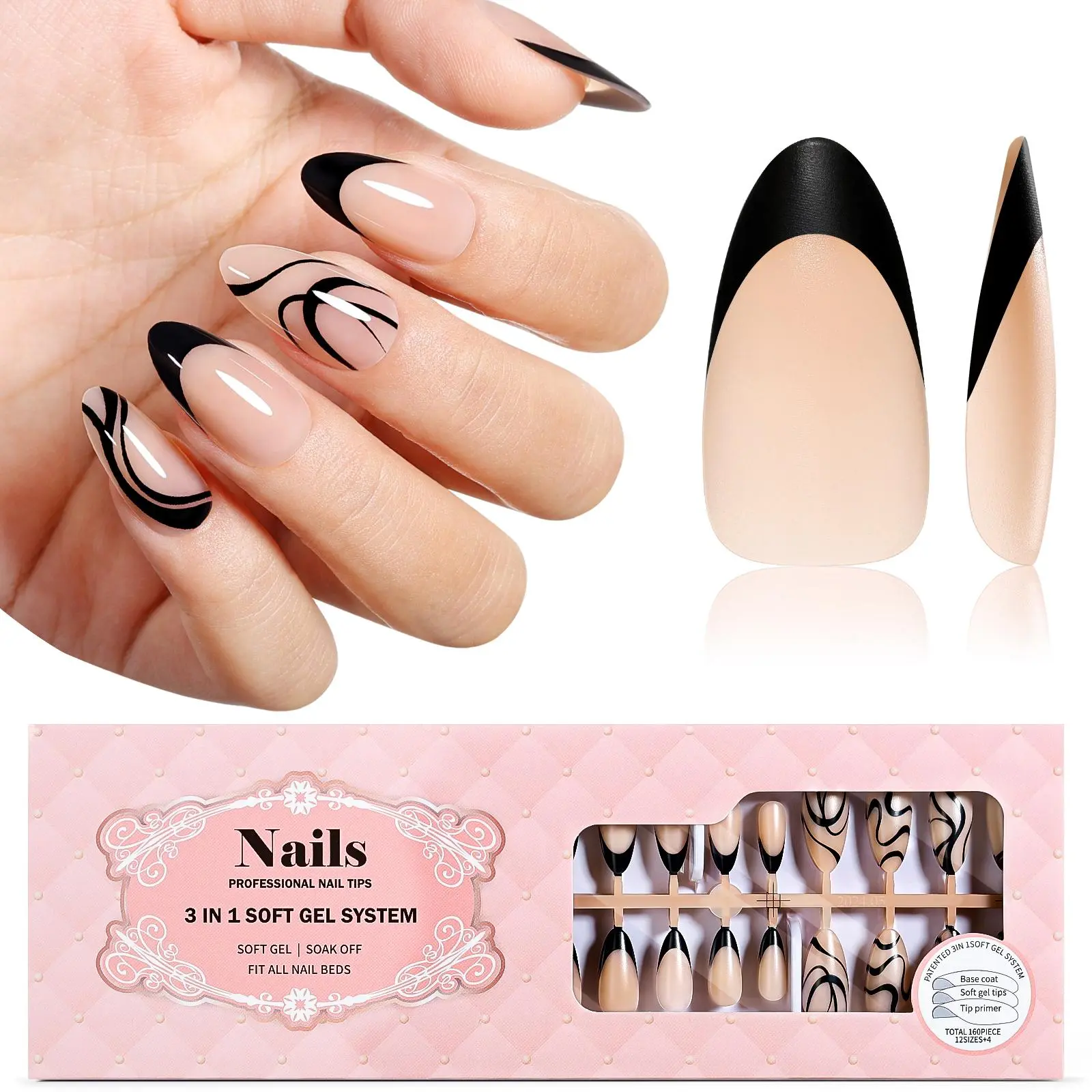 Gellen Press On French Nail Art Tips - Soft Gel Almond Nails with Black Swirl Design, 160 Pcs, 12 Sizes, No Glue Included, Press On Nails