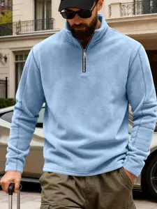 Men's Winter Fleece Loose Fit Outdoor Hoodie, Stand Collar Half Zip Sports Base Layer Sweatshirt, Comfortable and Warm Clothing, Athletic Workout Clothing, Casual Sports Tops