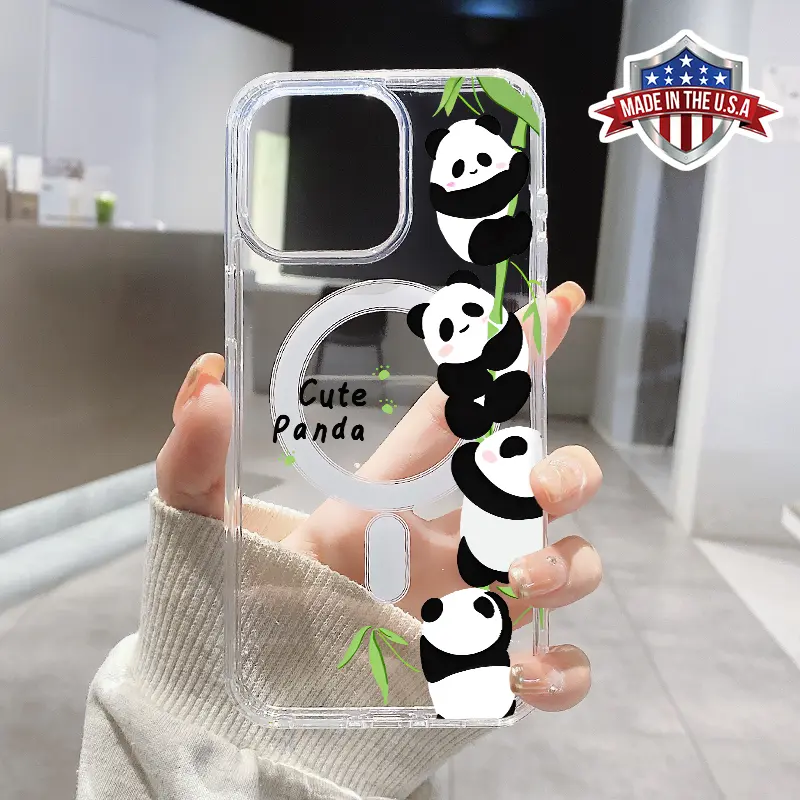 Cute Panda Pattern Magnetic Phone Case Supports Wireless Charging for iPhone 16 15 14 Pro Max 13 12 11 XR XS E Plus Shockproof Non Slip Protection Silicone Transparent Acrylic Large Hole Cover Cellphone Protective