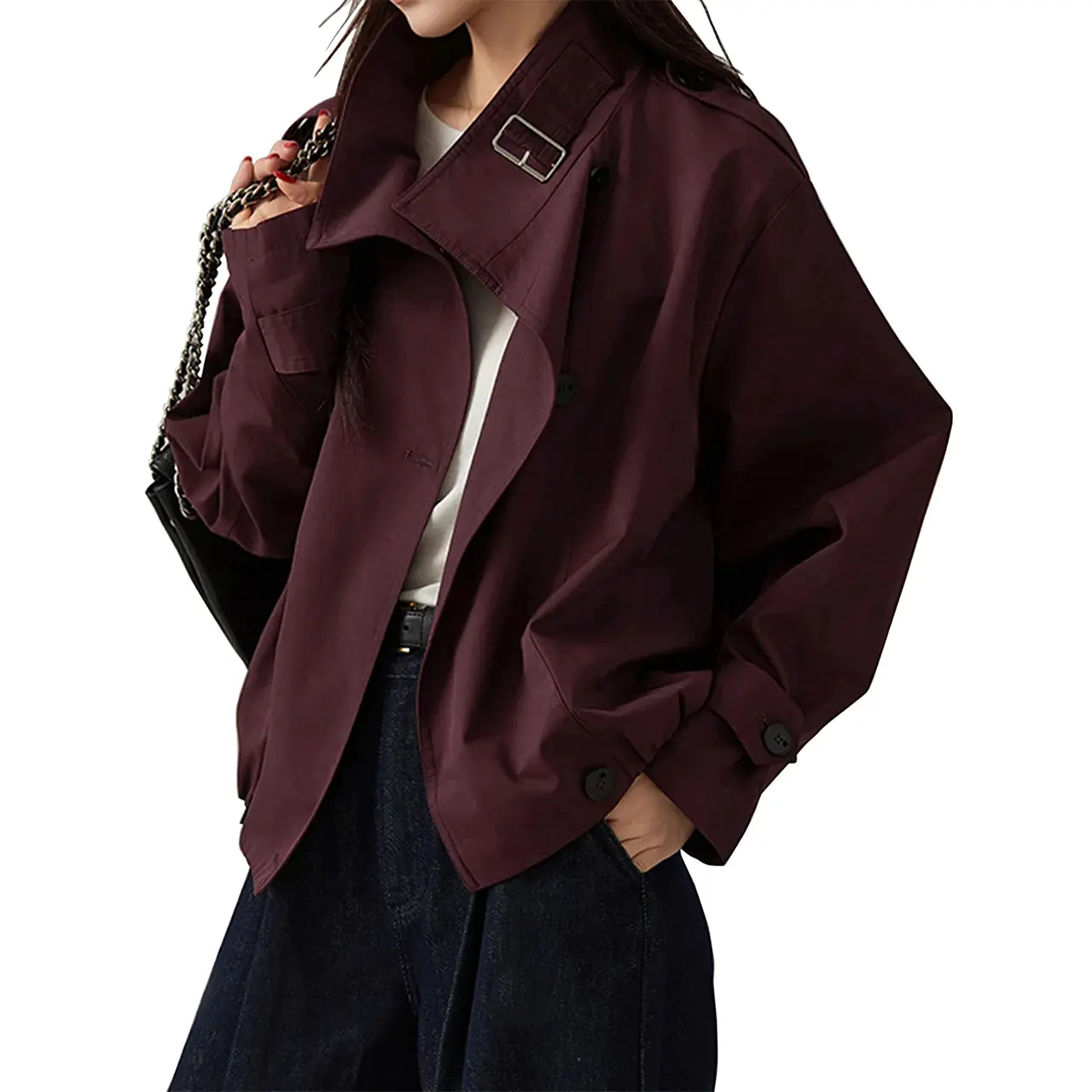 Hixiaohe Women's Cotton Trench Coat - Trendy Vintage Turtleneck Crop Jacket with Pockets, Perfect for Layering Outfits