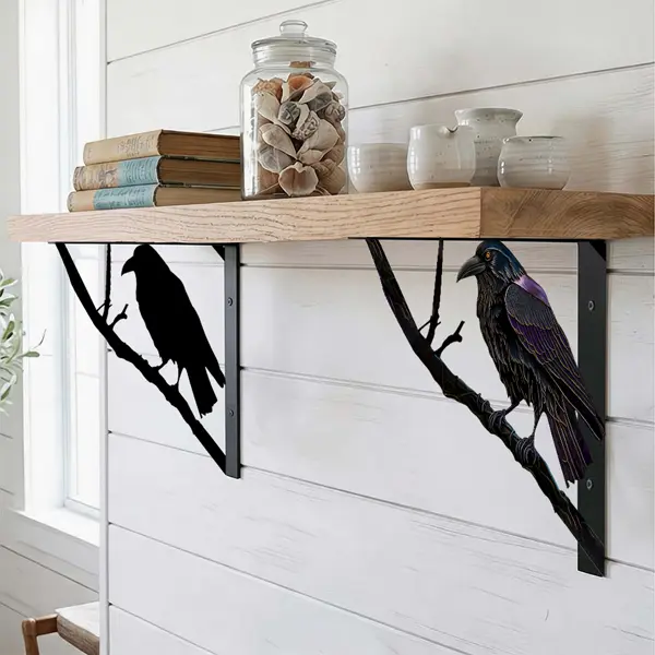Raven Cut-Out Floating Shelf Brackets (Set of 2) — Sturdy, durable, and easy-to-install wall-mounted brackets blending Asian Zen aesthetics; suitable for storage and decorative display in kitchens, bathrooms, bedrooms, and balconies.
