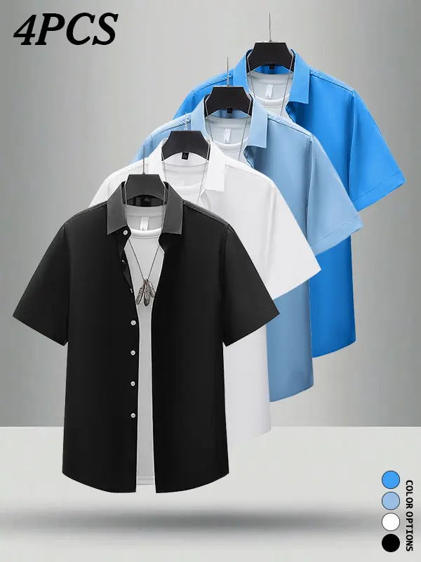 4-Pack Summer Men’s Anti-Wrinkle Multifunctional Short Sleeve Shirts, Double-Breasted Button Front Versatile Casual Shirt