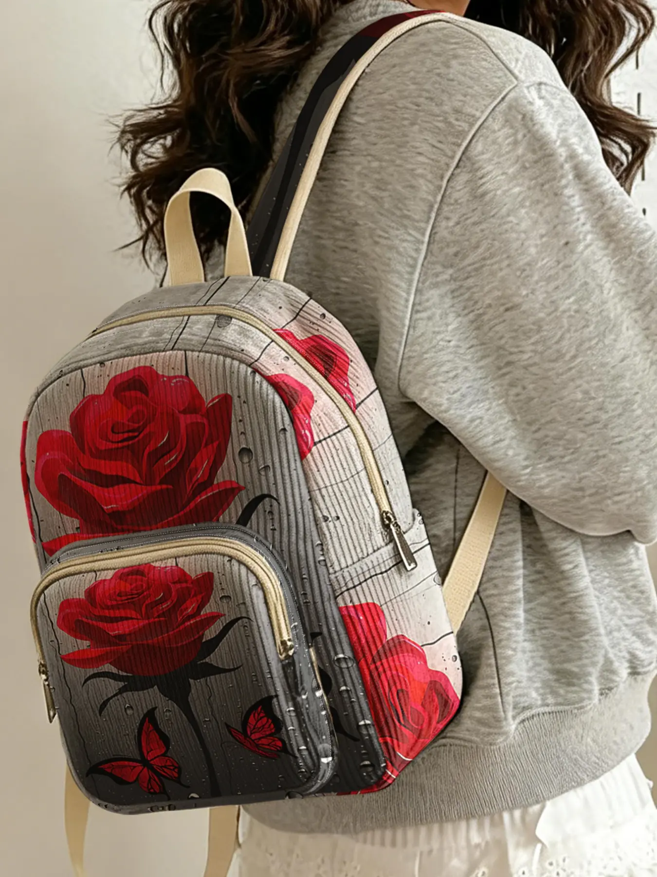 1 piece of ladies' backpack with 2D printed red rose and butterfly pattern, velvet texture + layered storage + light weight reduction | Suitable for students to go to class/shopping/short trips | Combines atmosphere and practicality