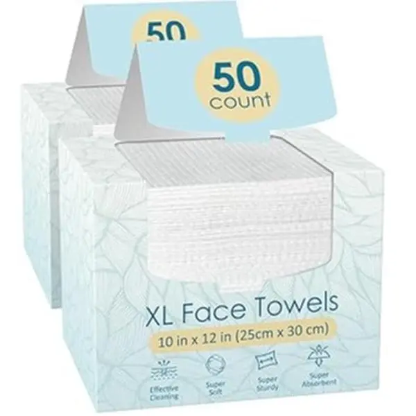Deal - XL Disposable Face Towels 100 Count (2 Box) 10” x 12” Soft & Skin Friendly Facial Towelettes for Women Cleansing.