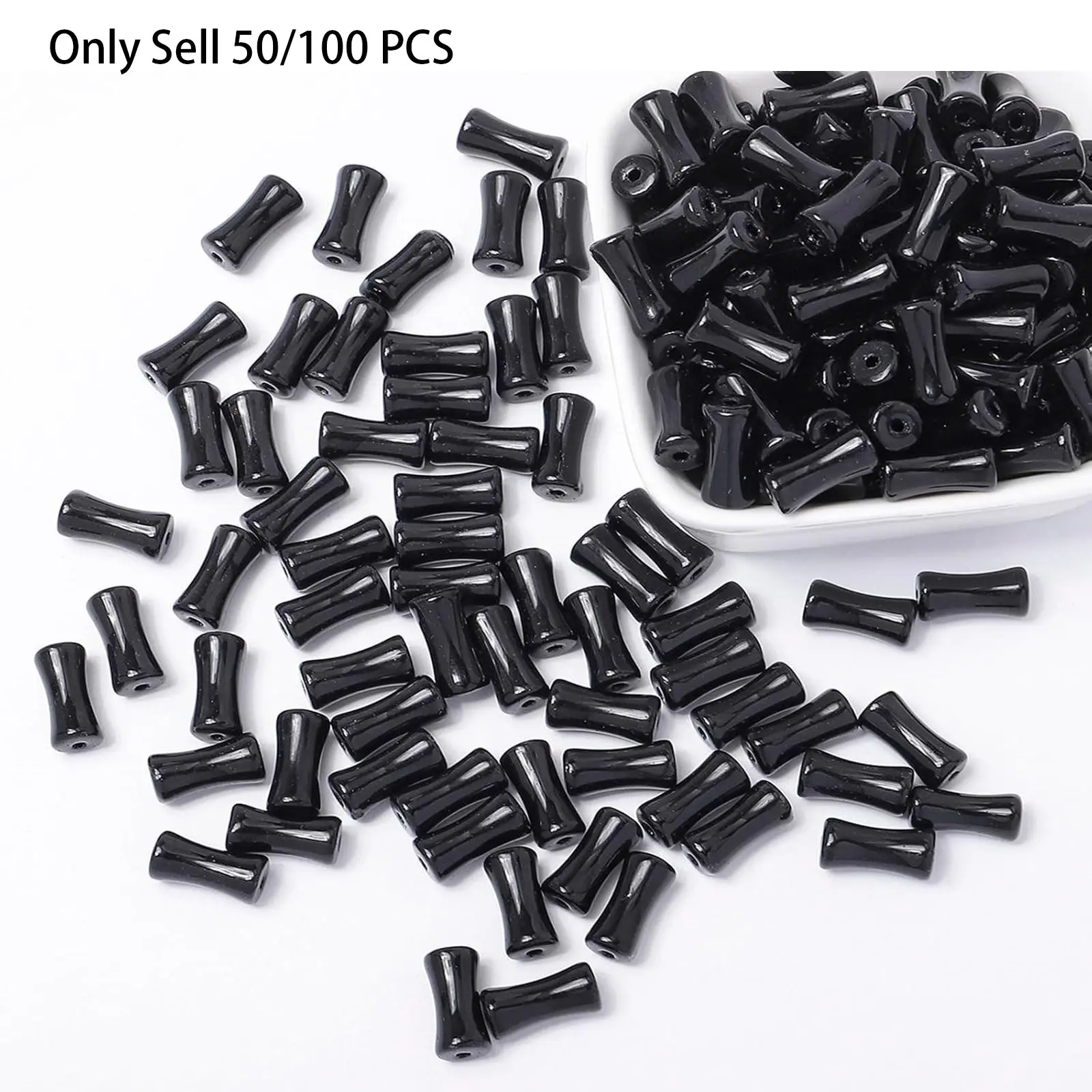 50/100 PCS Black Bamboo Beads - 12mm Transparent Bamboo Joint Craft Beads, Natural Black Agate Stone Bamboo Shape Gem for DIY Jewelry Making Necklace Bracelet Earring, DIY Beading Accessories, Necklace Making Supplies
