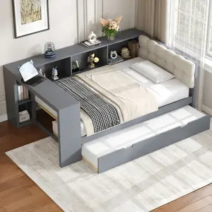 Twin Size Platform Bed with Storage Shelves, Trundle, Charging Station and Upholstered Headboard, Wood Daybed Frame with Sturdy Slats, No Box Spring Needed