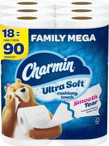 Toilet Paper Ultra Soft Cushiony Touch, 18 Family Mega Rolls = 90 Regular Rolls