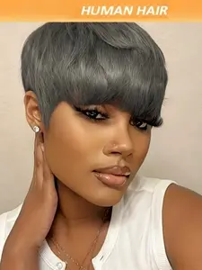 Women's Brazilian Synthetic Hair Wig, Full Machine-Made Short Straight Layered Pixie Cut Wigs, Natural Look with Soft Waves