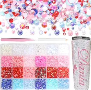 10000Pcs Flatback Pearls and Rhinestones for Crafting, Pink Red Blue White 3-6mm Color Half ABS Flatback Half Pearl Beads Gems Bedazzling for Nails Art Crafts DIY Shoes Clothes Bags