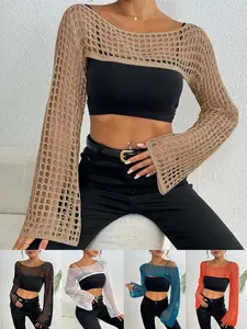 Spring and summer beach cover-up, cross-border European and American women's short top, casual off-shoulder knitted short top