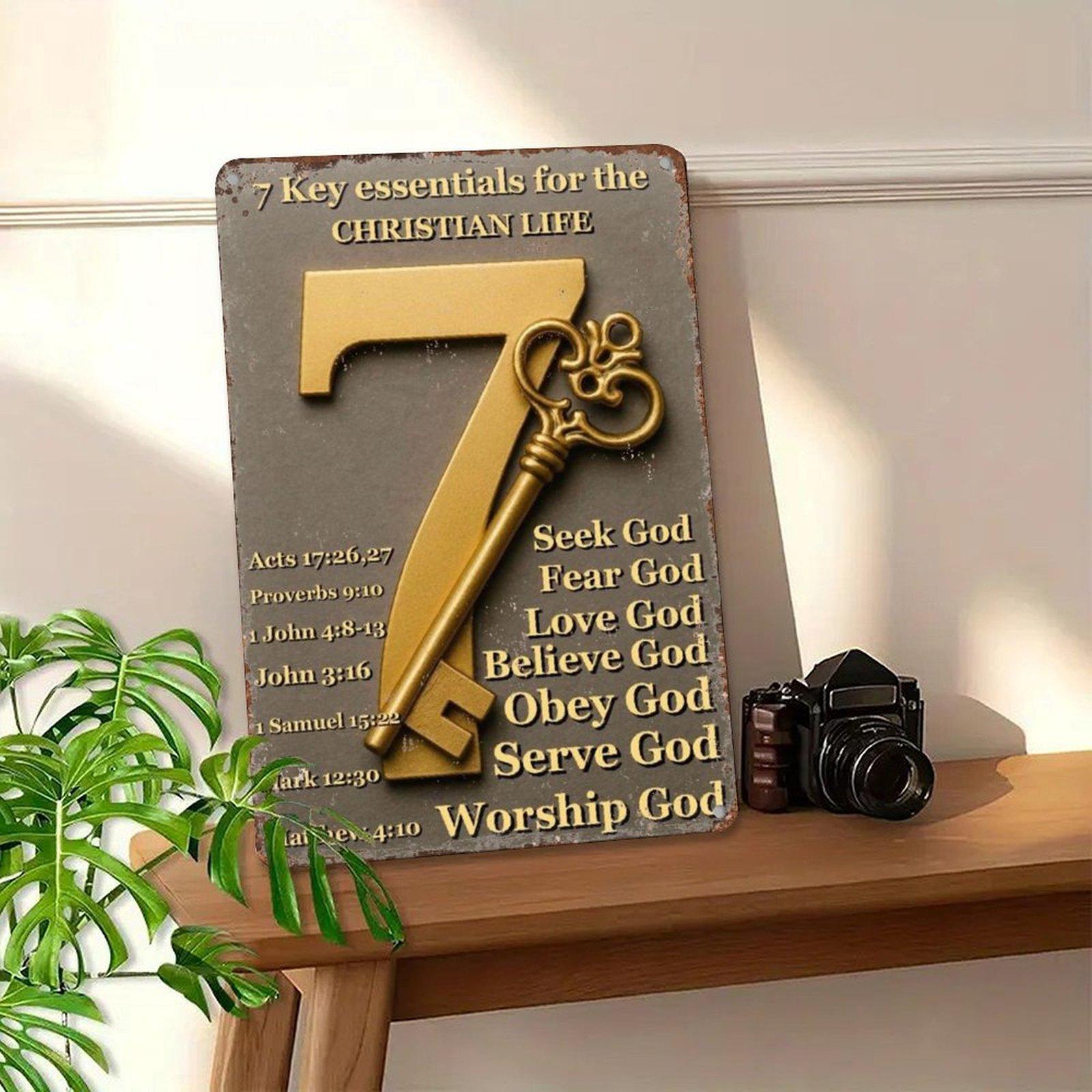 7 Key Essentials For The Christian Life 7 Golden Key Metal Sign - 8x12 Inch Retro Aluminum Wall Decor for Church, Sunday School - Religious Gift for Faith Growth