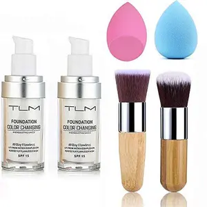 2pcs TLM Color Changing Foundation Liquid Makeup Kit, 30ml Smooth Long-Lasting Full Coverage Base with 2 Brushes, 2 Cosmetic Sponges & Natural Color Face Primer for All Skin Types