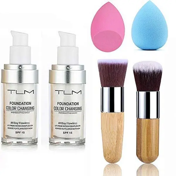 2pcs TLM Color Changing Foundation Liquid Makeup Kit - 30ml Smooth Long-Lasting Full Coverage Base with 2 Brushes, 2 Cosmetic Sponges, Natural Color Face Primer for Any Skin Type, Flawless Finish