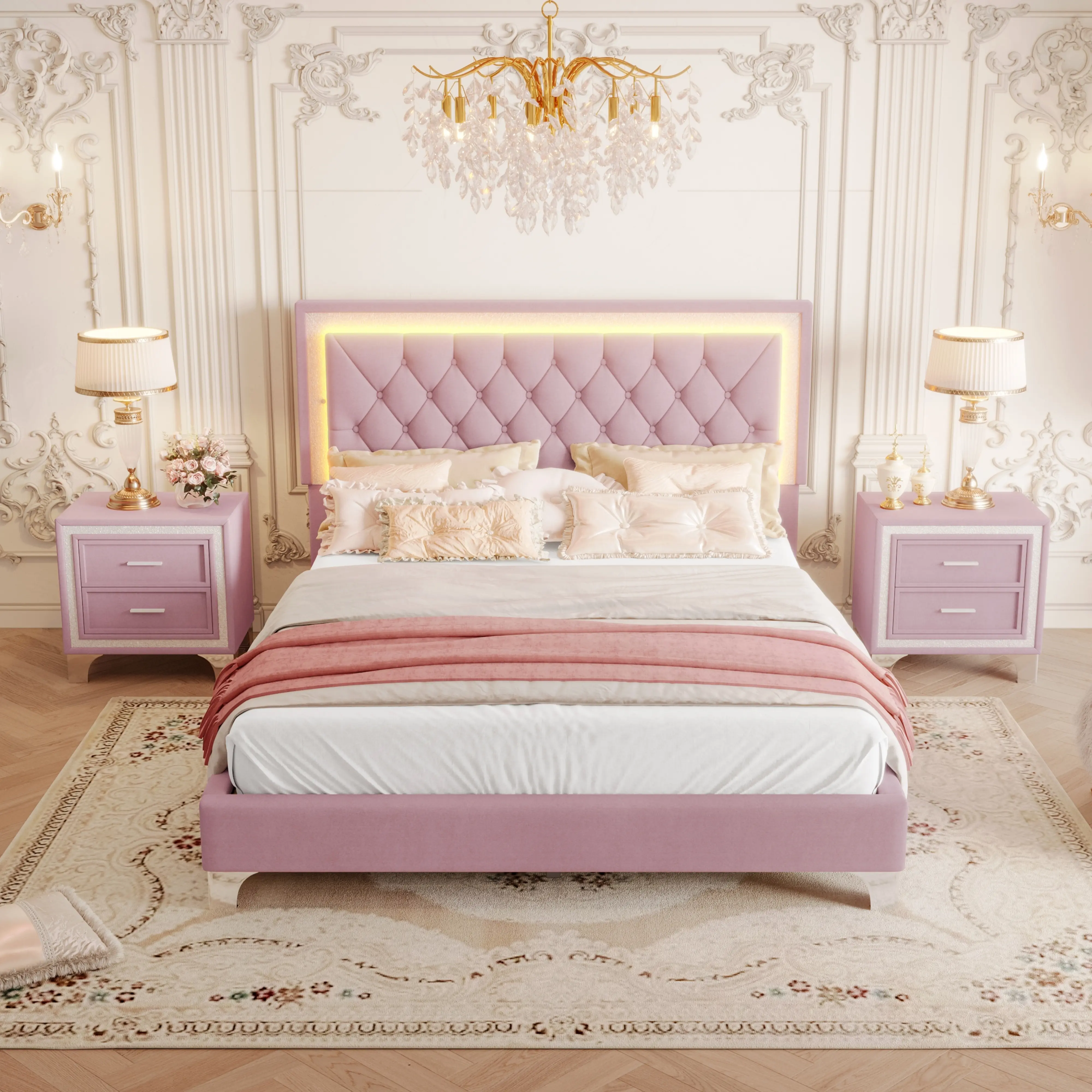 Bellemave Queen Size 3-Piece Classic Velvet Indoor Bedroom Set - Ergonomic Upholstered Platform Bed with LED Lights, Tufted Headboard, 2 Nightstands, Durable Platform Base, Elegant Furniture Set