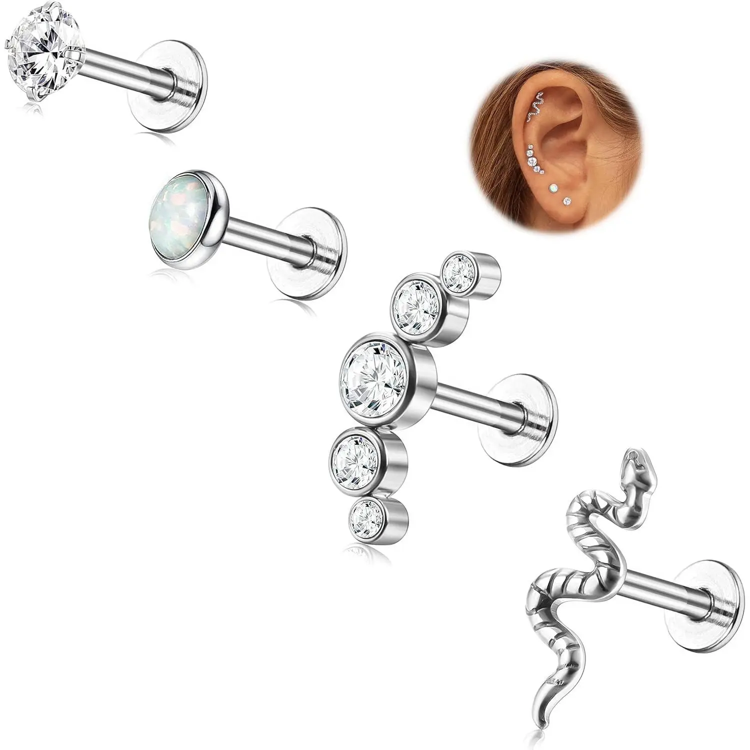 YADOCA 4Pcs 16G G23 Titanium Earrings Flat Back Forward Helix Piercing Labret Studs Hypoallergenic Tragus Piercing Earrings Cz Snake Medusa Conch Helix Piercing Jewellery