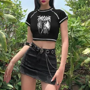 Women's Slim-Fit Short-Sleeve Round Neck Casual Crop Top - Harajuku Retro Korean Streetwear Clothes, Black Demon Punk Gothic Anime Print
