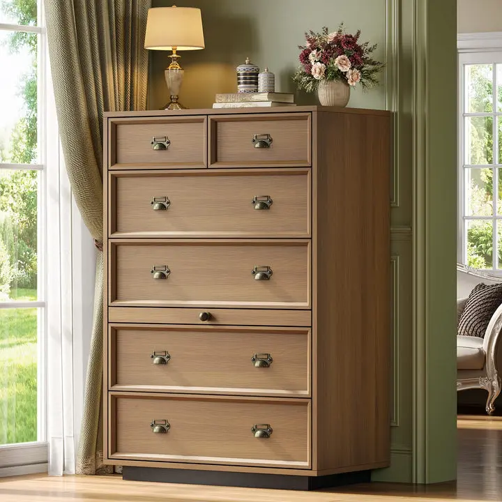 SIKAIC Traditional Rectangle Walnut Wood Farmhouse Bedroom Dresser - 6-Drawer, 45.3" Tall Indoor Storage Cabinet with Pull-Out Shelf, Organization & Decorative Chest of Drawers for Bedroom, Dresser For Bedroom, 45.3 In