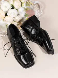 Fashion Campus Style High Heel Lace Single Shoe for Women, Casual All Season Shoes, Business Style Footwear, Plain Square Toe Chunky Thick Sole, Preppy PU Material