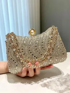 Women's Elegant Rhinestone Decorated Evening Bag, Exquisite Chain Strap Clutch Bag, Trendy Handbag for Party Decoration, Fashionable Shoulder Clutch