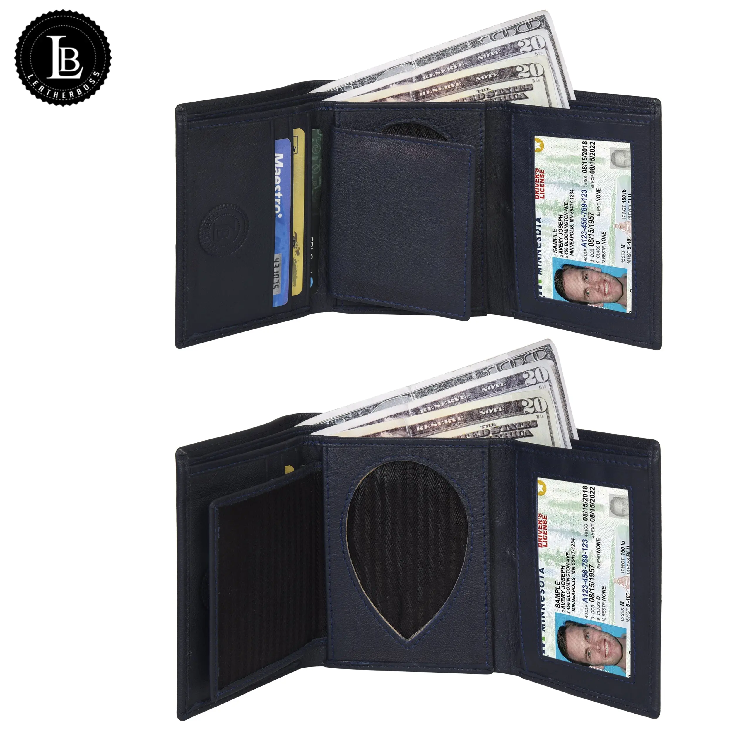 LB LEATHERBOSS Men's Chic Classic Business Style Trifold Leather Shield-Shape Wallet Card Holder - Black Wallet, Badge & Luggage Accessory in 1, with ID Slot, Compartmentalized for Cash, Cards, Ideal for Business Occasions, Birthday Gift