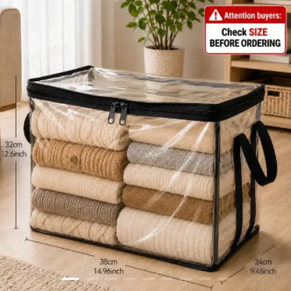 Large Transparent Durable Solid Plastic Storage Bin with Hinged Lid - Heavy-Duty Bulk Dorm Bedroom Storage Box, High-Capacity Double-Zipper Organizer for Home, Moving R2187