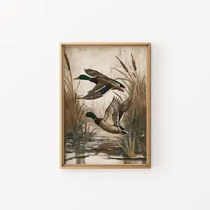 Mallard Ducks Vintage Wildlife Art Print, Rustic Marshland Waterfowl Painting for Hunters, Cabin Décor, Nature Lovers & Outdoor-Inspired Homes