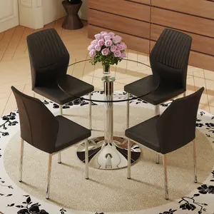 5 Pieces Dining Table Set. A 35" Transparent Tempered Glass Round Dining Table-Silver Metal Bracket and Base.Paired with 4 BLACK PU Material High Resilience Dining Chair with Metal Silver Leg.