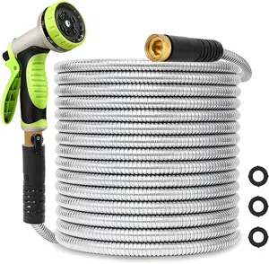 100ft Metal Garden Hose Stainless Steel Hose Heavy Duty Flexible Water Hose with 10 Way Spray Nozzle 3/4 Solid Brass Fittings-Outdoor Yard 1