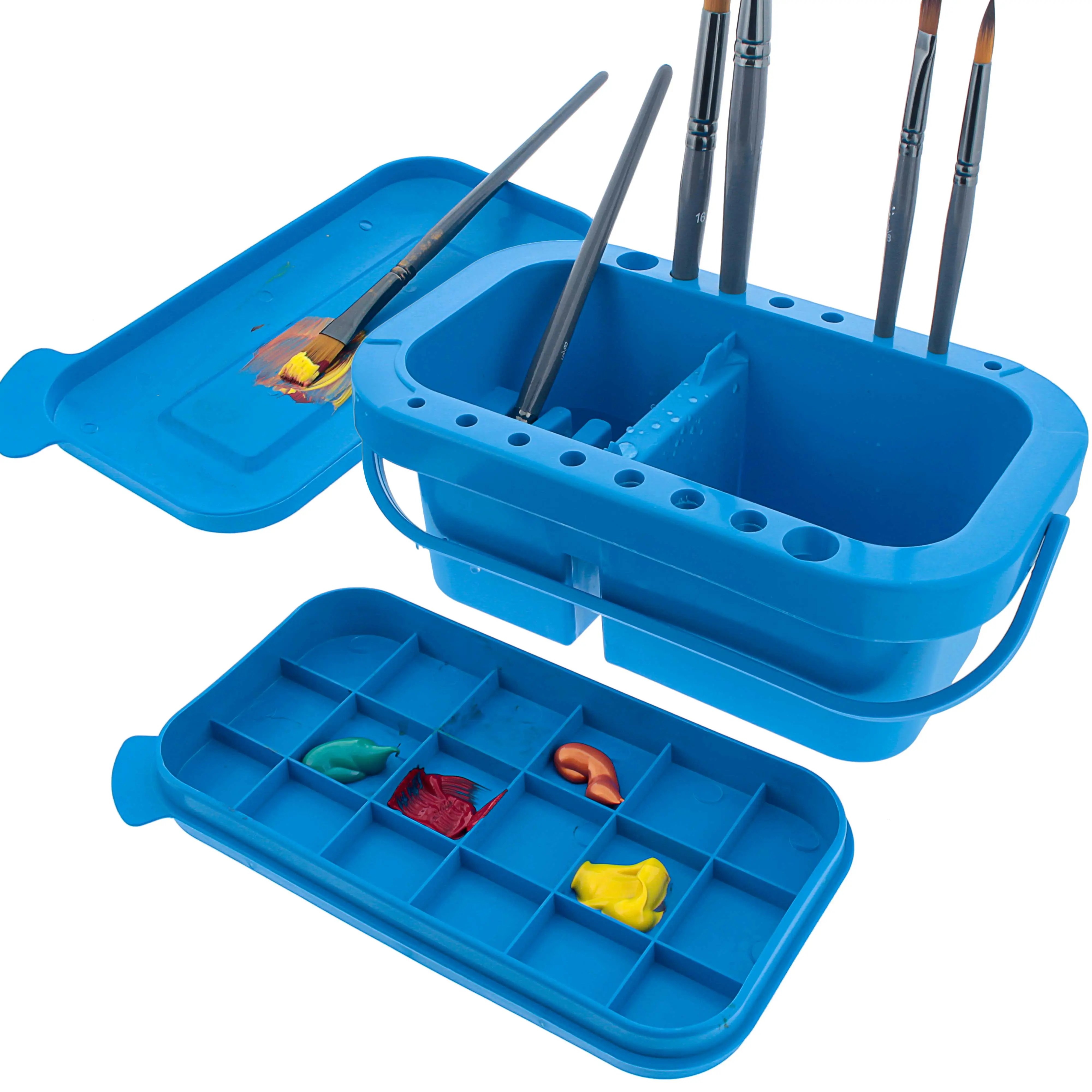 Paint Brush Cleaner Washer, 16 Hole Paintbrush Holder, 18 Palette Wells Paint Tray, 3 Cleaning Basins, Acrylic, Watercolor, Oil, Painting Accessories