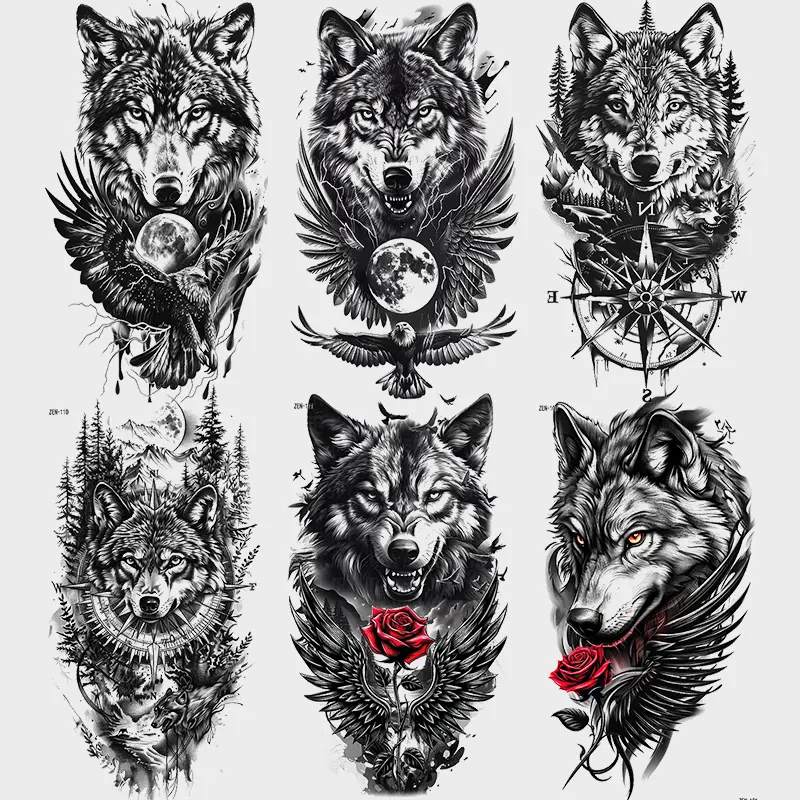 6 Piece Set Wolf Head Temporary Tattoo Stickers, Waterproof Realistic Design, Suitable for Men Women Large Half Sleeve Body Art Fake Tattoos, Arm Temporary Tattoos
