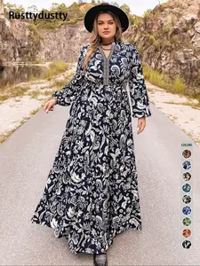 Plus Size Paisley Print Notched Neck Bishop Sleeve A Line Loose Dress, Boho Long Sleeve Long Dress, Women Plus Size Clothing