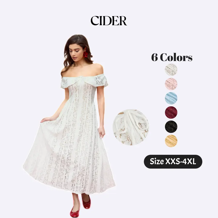 Cider Maxi Dress – Off-Shoulder Knotted Floral Lace Cotton Blend Elegant Romantic Women's Wedding Guest Date Night Gown, Summer Flared Regular Fit Long Dress SummerWins SummerFinds