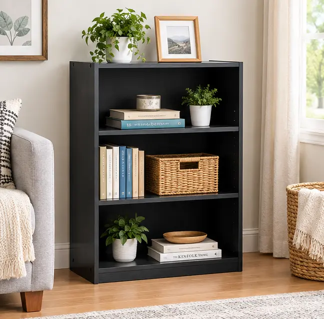 3-Shelf Bookcase with Adjustable Shelves, True Black Oak Storage Organizer