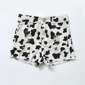 Cow Print Girls Cropped Denim Shorts