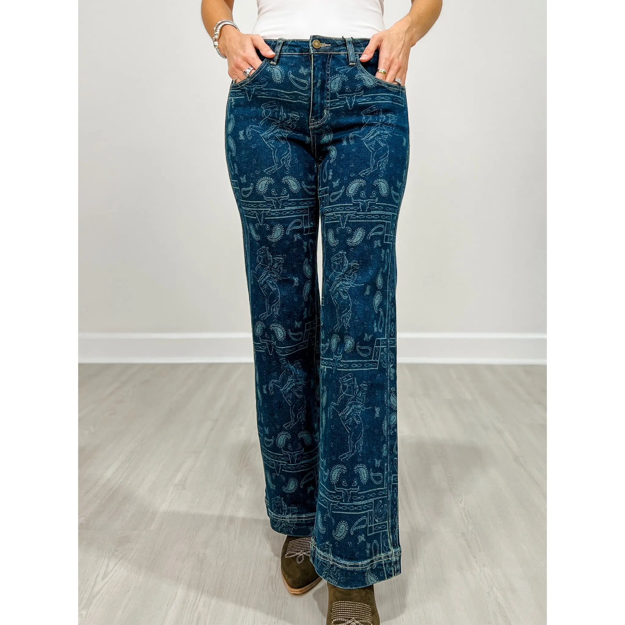 Dark Wash High Rise Western Printed Bootcut Jeans