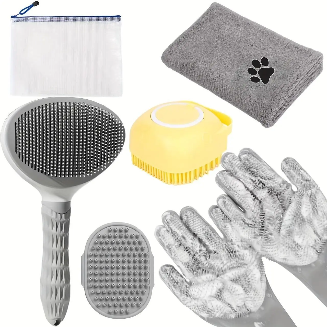 Dog & Cat Grooming Bath Kit (6pcs) - Pet Grooming Bath Supplies with Cleaning Towel, Washing Gloves, Slicker Shed Lift, Shampoo Scrub Tool, Shedding Aid, Plastic Parts, Includes Cleaning Tools