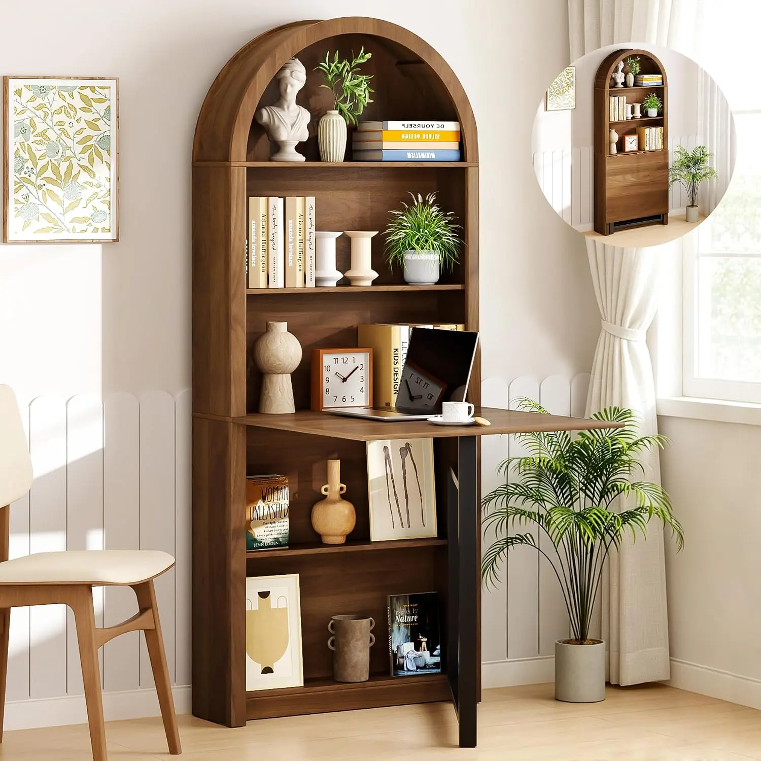 Folding Convertible Writing Table Fold-Out Murphy Desk Computer Desk | Space Saving Arched Foldable Desk Cabinet with Storage,Multi-Function folding table for Small Spaces,Home Office,Bedroom