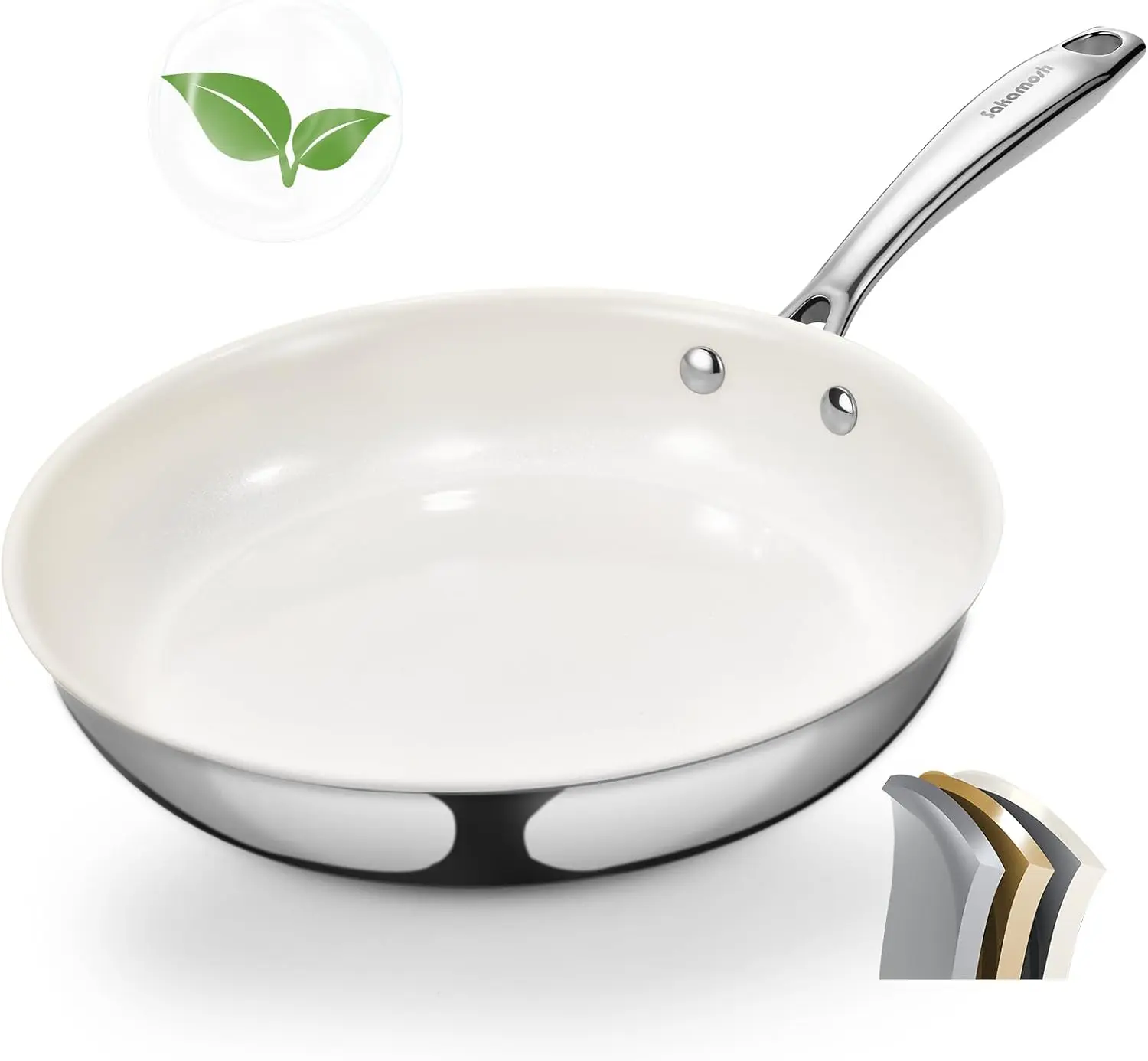 9.5" Ceramic Nonstick Frying Pan, Tri-Ply Stainless Steel Skillet, PFAS PFOA PTFE Free, Non-Toxic, Stay-Cool Handle, Induction Compatible