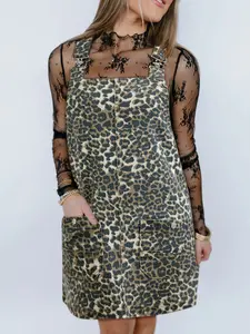 Leopard Print Denim Overall Dress