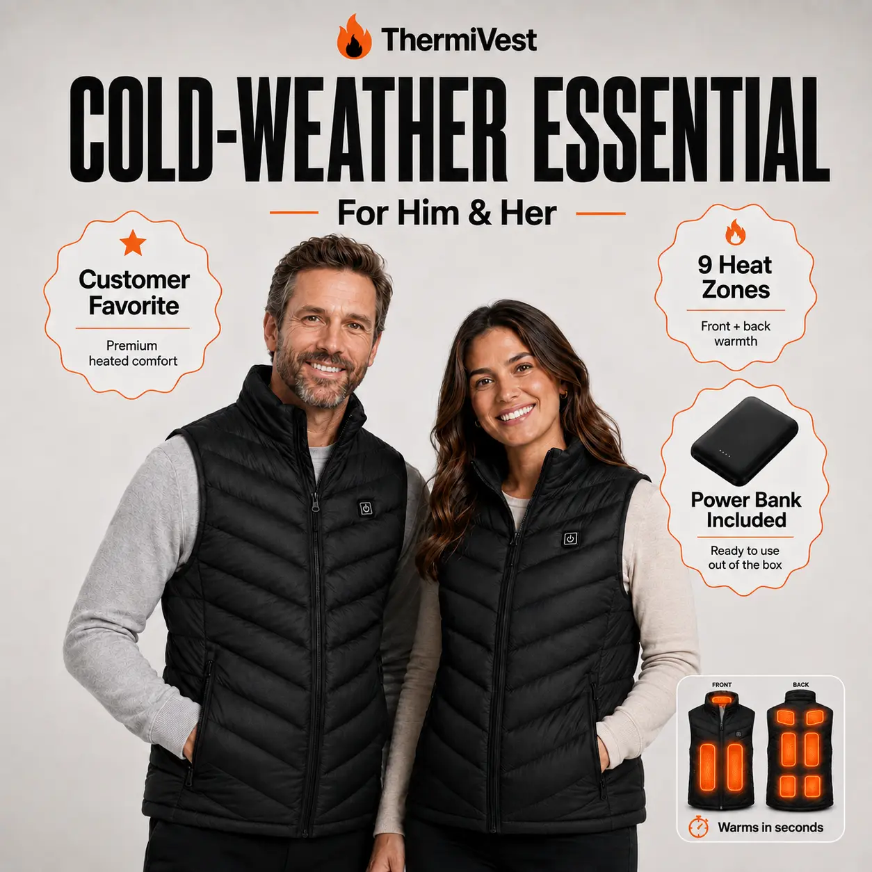 ThermiVest Heated Vest for Men & Women Power Bank Included - 9 Heat Zones & 3 Heat Settings Lightweight & Comfortable Water Wind Resistant Heat Vest. Christmas Gift